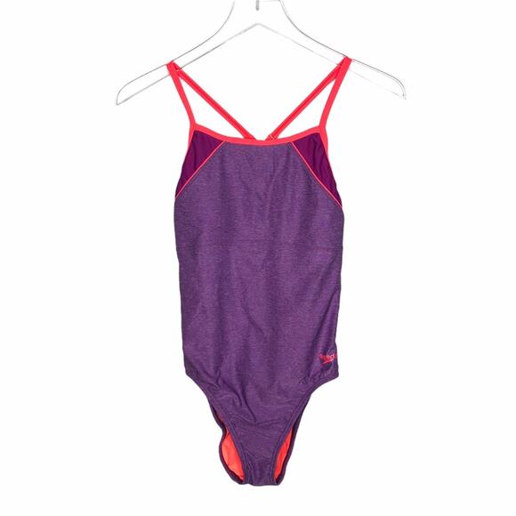 Speedo Heathered Clip Back One Piece Swim Purple 4 - Picture 1 of 11